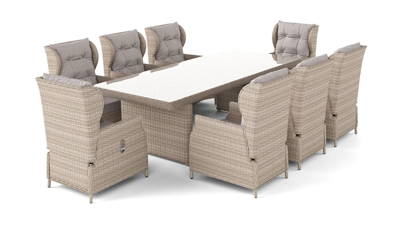ARTELIA Bariya XL Garten-Essgruppe, beige/grau, Polyrattan/Glas, Tisch inkl. 8 verstellbare Sessel und Polster
