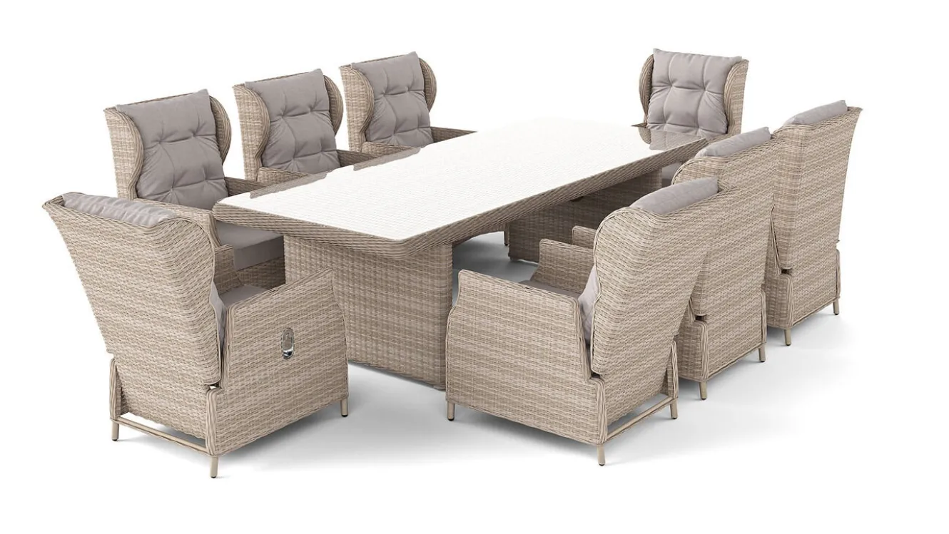 ARTELIA Bariya XL Garten-Essgruppe, beige/grau, Polyrattan/Glas, Tisch inkl. 8 verstellbare Sessel und Polster