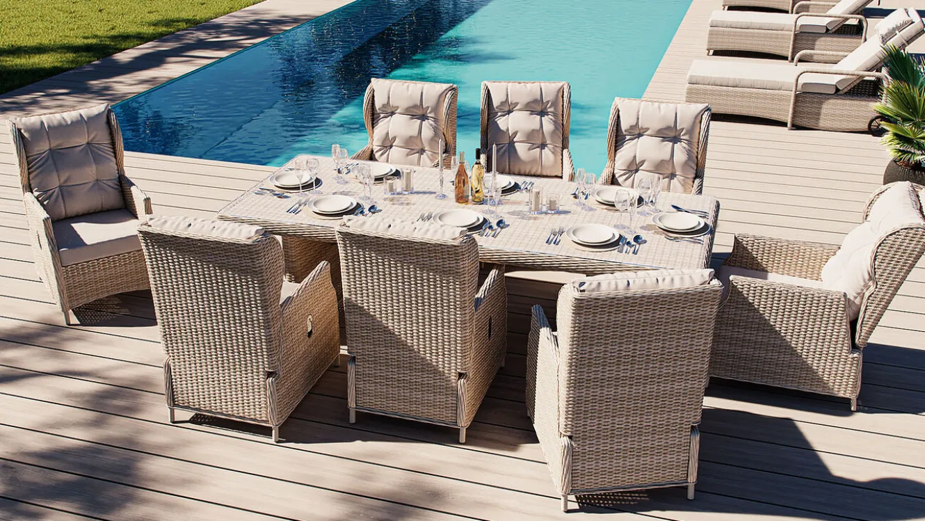 ARTELIA Bariya XL Garten-Essgruppe, beige/grau, Polyrattan/Glas, Tisch inkl. 8 verstellbare Sessel und Polster
