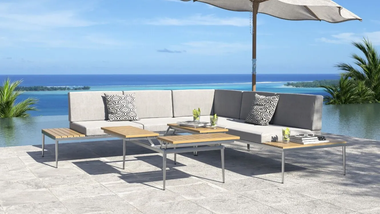 ARTELIA Basso Gartenlounge für 5 Personen, grau/naturbelassen, Edelstahl/Rope, verstellbarer Tisch, inkl. Polster und Kissen