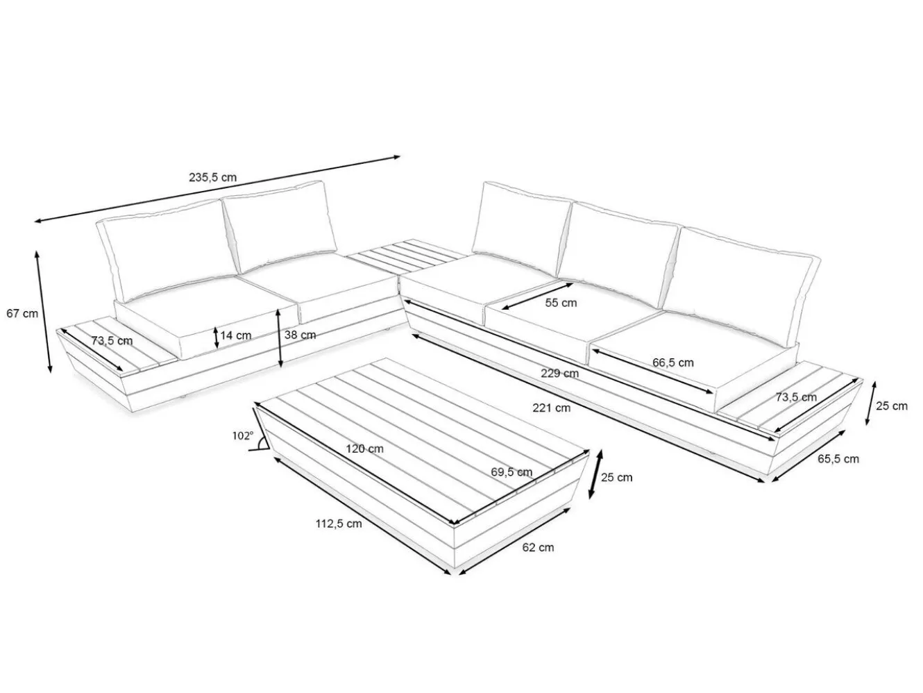 ARTELIA Delta Gartenlounge für 5 Personen mit Couchtisch, anthrazit/naturbelassen, Alu/Polywood, schmutzabweisend, inkl. Ablageflächen
