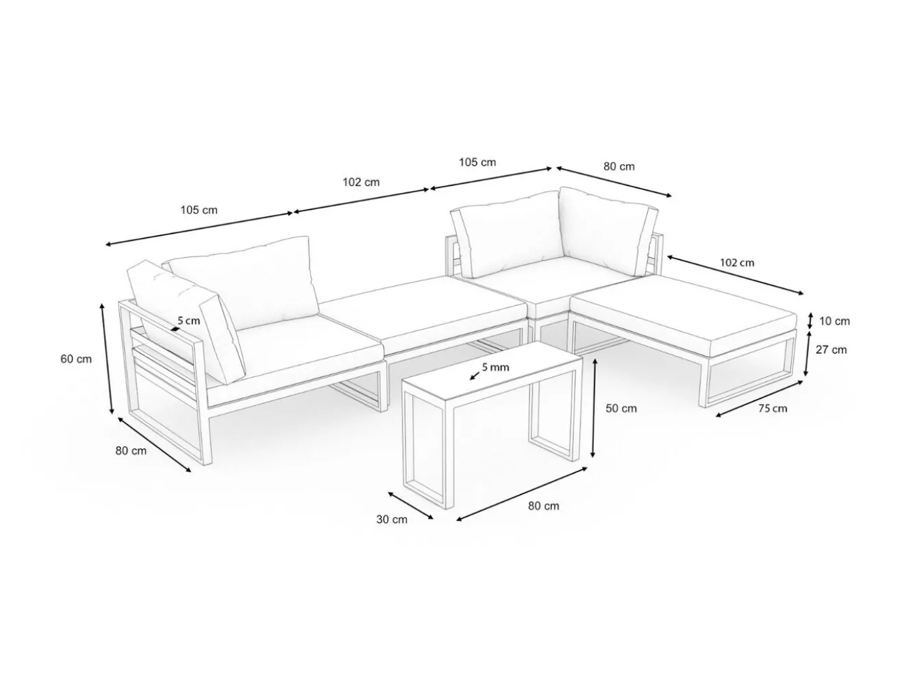 ARTELIA Geneva Gartenlounge, 5-teilig, anthrazit/grau, Alu/Glas, flexibel verstellbar