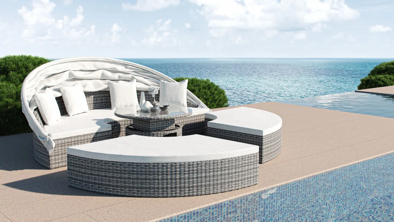 ARTELIA Hummel Plus Sonneninsel, grau/beige, Alu/Polyrattan, höhenverstellbarer Tisch, Sonnenschutz und Sichtschutz