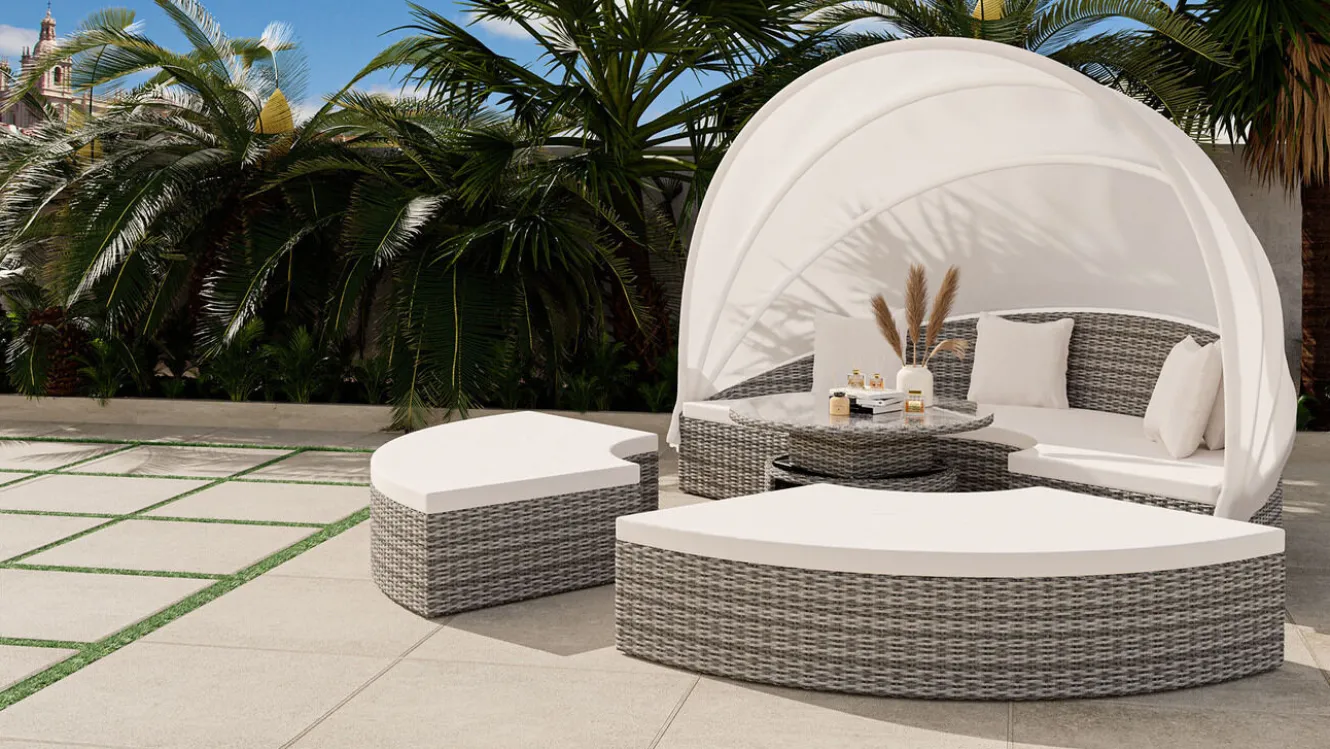 ARTELIA Hummel Plus Sonneninsel, grau/beige, Alu/Polyrattan, höhenverstellbarer Tisch, Sonnenschutz und Sichtschutz