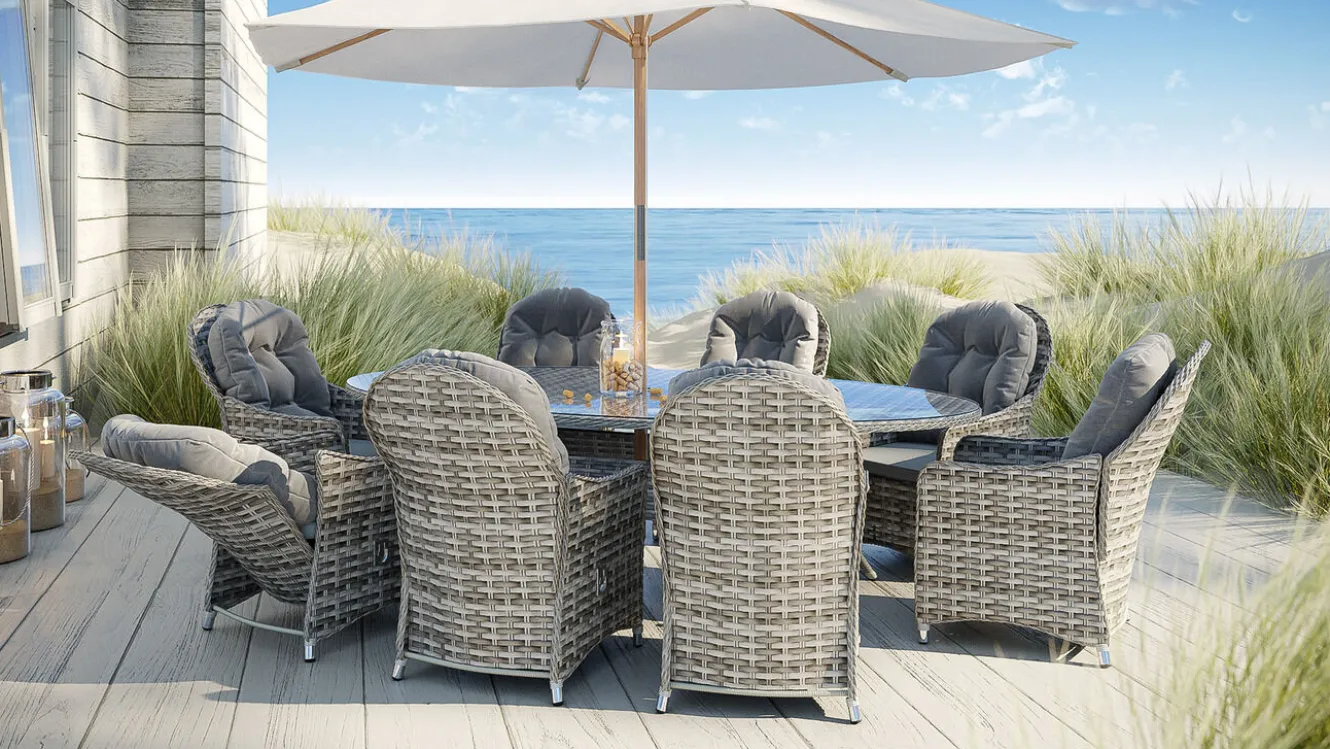 ARTELIA Livia Relax XL Garten-Essgruppe mit 8 Sesseln, grau, Polyrattan, ovaler Tisch, inkl. Kissen