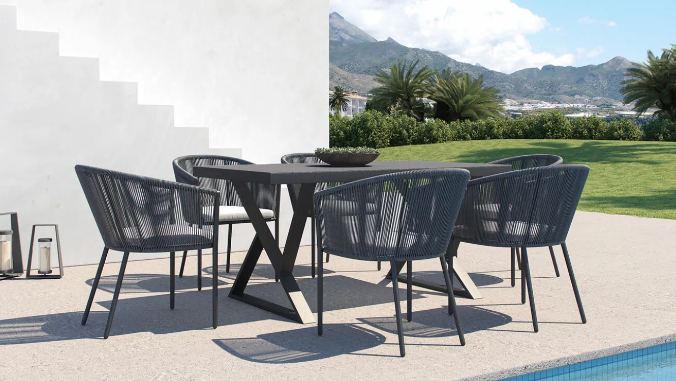 ARTELIA Malta L Garten-Essgruppe, grau, Alu/Spraystone, 6 Rope-Sessel inkl. Sitzkissen
