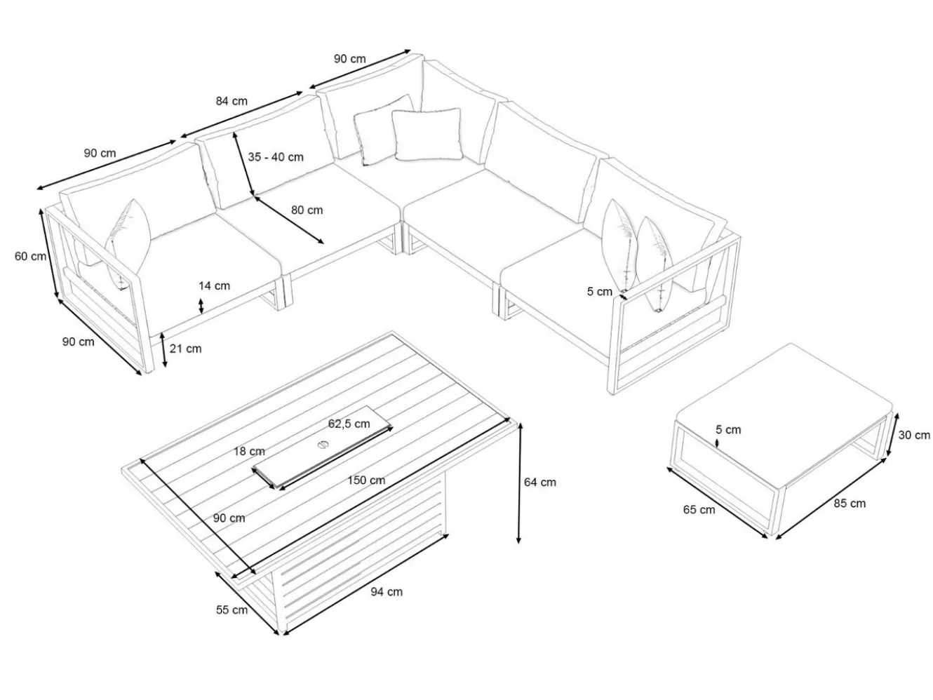 ARTELIA Matteo Corner Gartenlounge mit Feuertisch für 5 Personen, anthrazit/grau, Aluminium, inkl. Kissen & Hocker