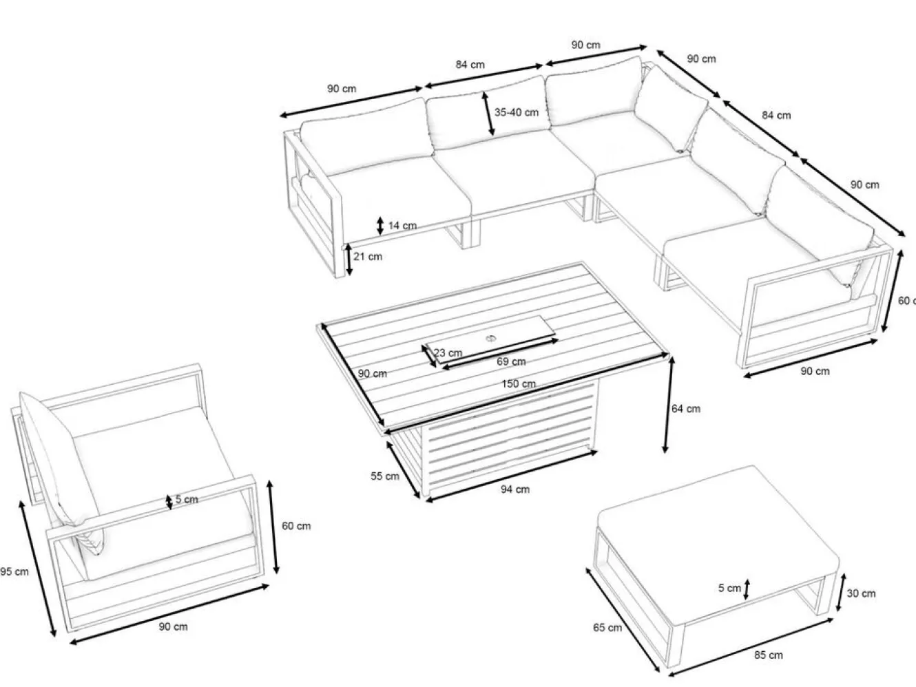 ARTELIA Matteo L Gartenlounge mit Feuertisch für 6 Personen, anthrazit/grau, Alu/Polyacryl, flexibel verstellbar