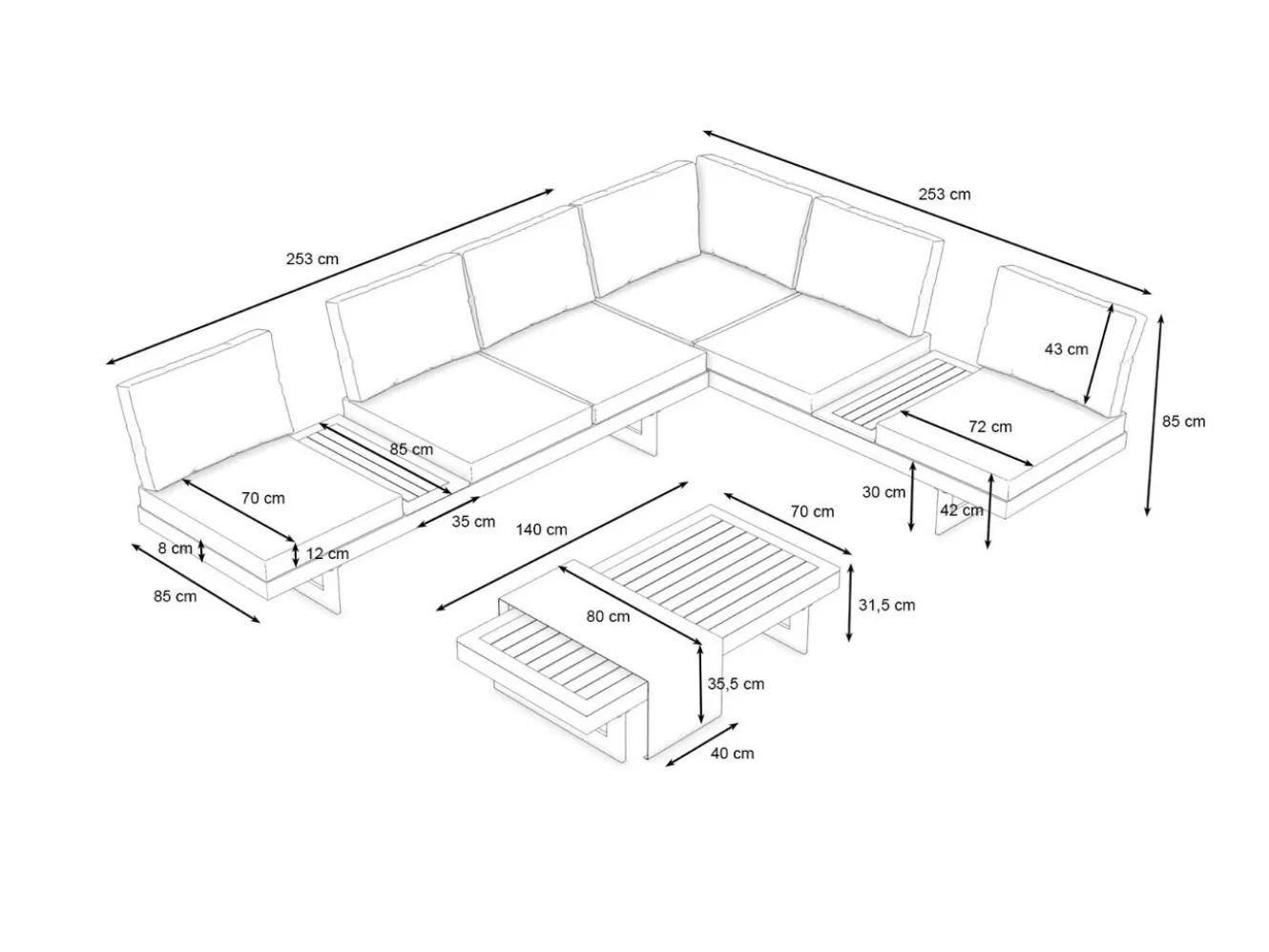 ARTELIA Monero Gartenlounge für 6 Personen, anthrazit/braun, Alu/Polywood, inkl. Couchtisch, verstellbare Rückenlehnen