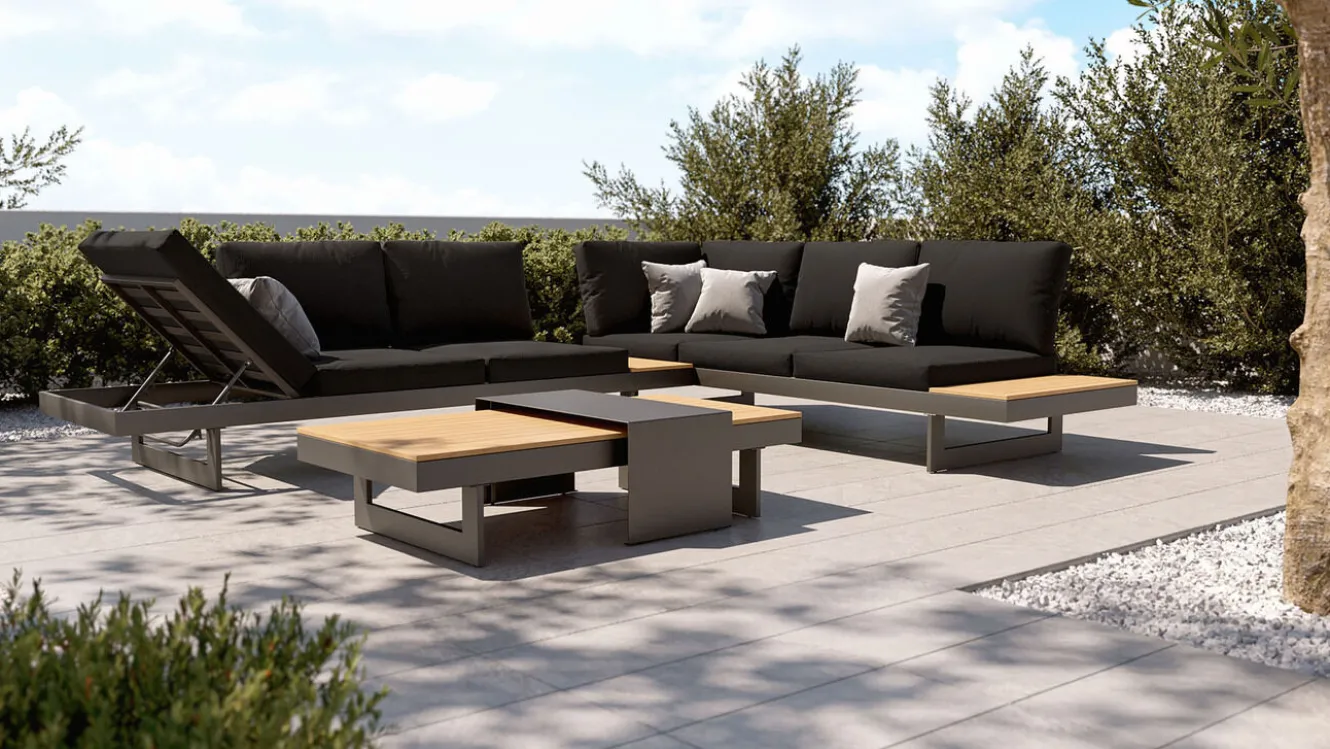 ARTELIA Monero Gartenlounge für 6 Personen, anthrazit/braun, Alu/Polywood, inkl. Couchtisch, verstellbare Rückenlehnen