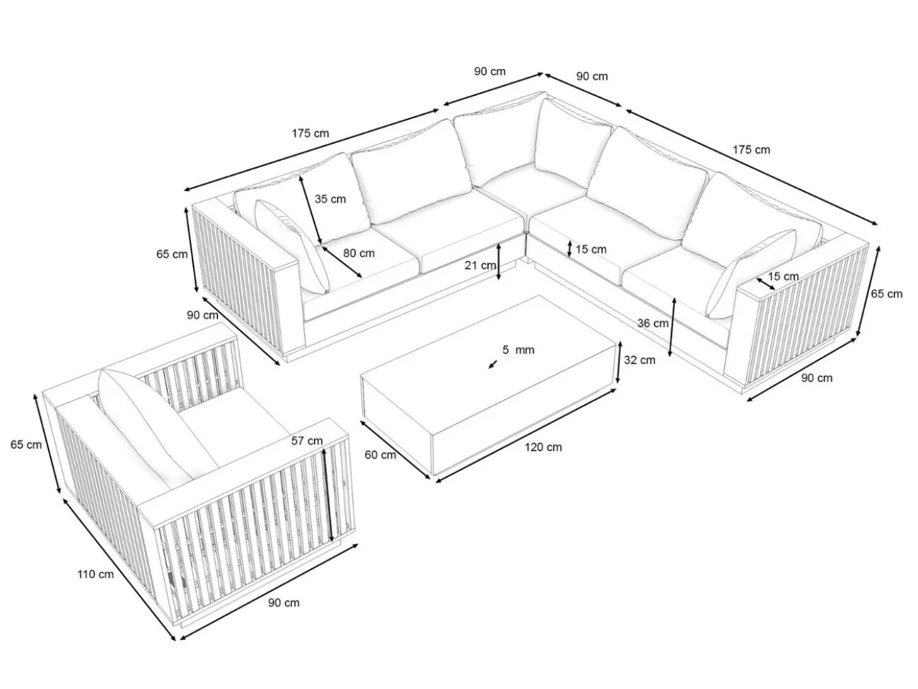 ARTELIA Piano Gartenlounge, naturbelassen/schwarz, Akazie/Glas, Ecksofa inkl. Sessel & Beistelltisch, langlebiges Material