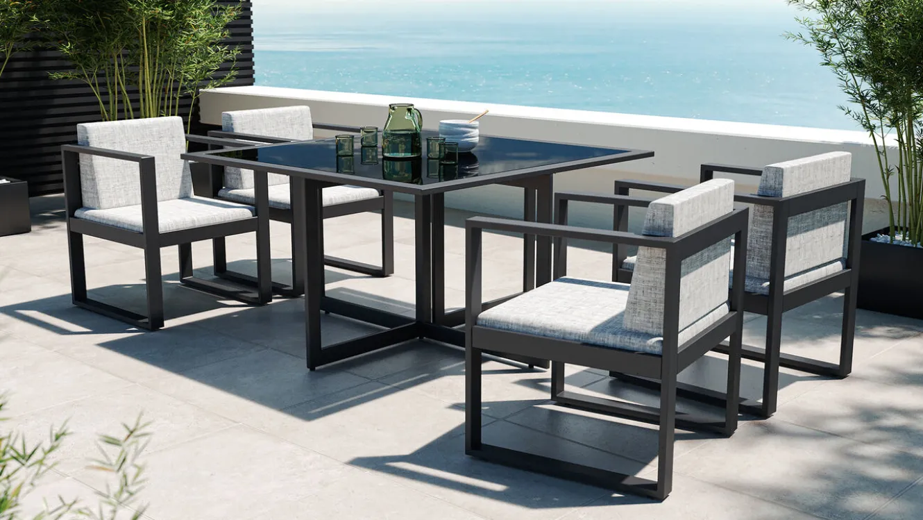 ARTELIA Ricardo Dining M Garten-Essgruppe, anthrazit/grau, Alu/Glas, inkl. 4 Sessel & Sitzkissen, platzsparendes Design