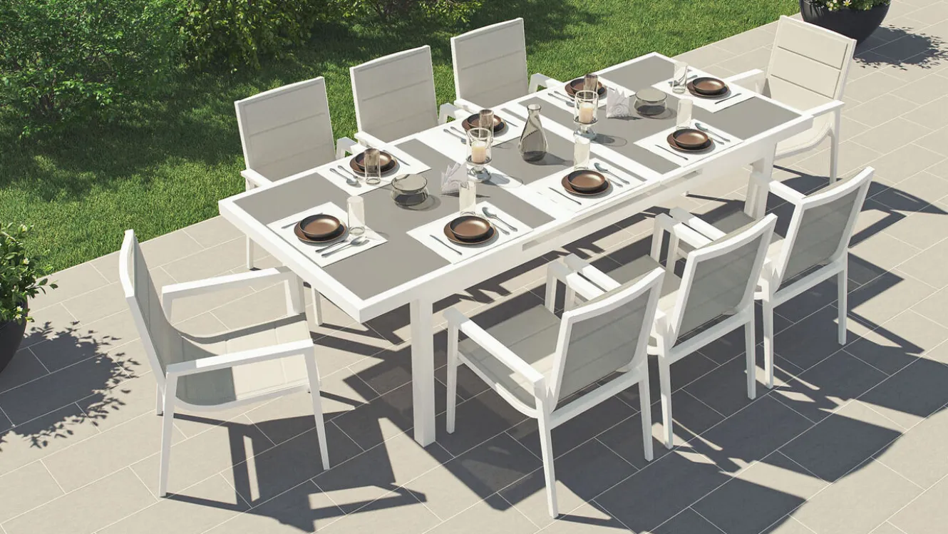 ARTELIA Santorini XL Garten-Essgruppe, weiß/grau, Alu/Textilene, ausziehbarer Tisch, Sessel stapelbar