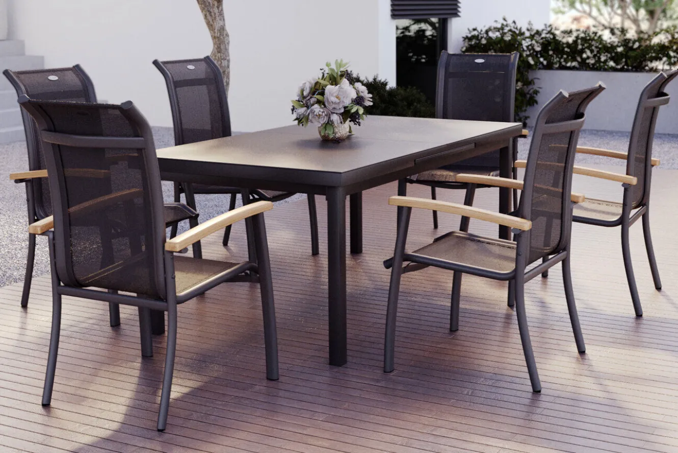HARTMAN Alice Garten-Essgruppe, xerix, Alu/4x4 Textilen, Tisch 180/240x100cm, 6 Stapelsessel