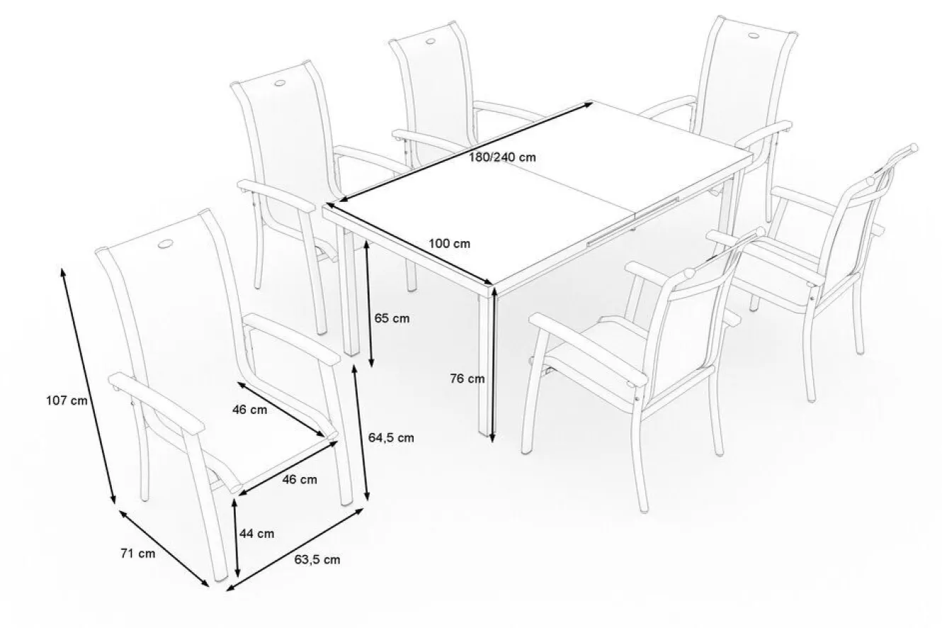 HARTMAN Alice Garten-Essgruppe, xerix, Alu/4x4 Textilen, Tisch 180/240x100cm, 6 Stapelsessel