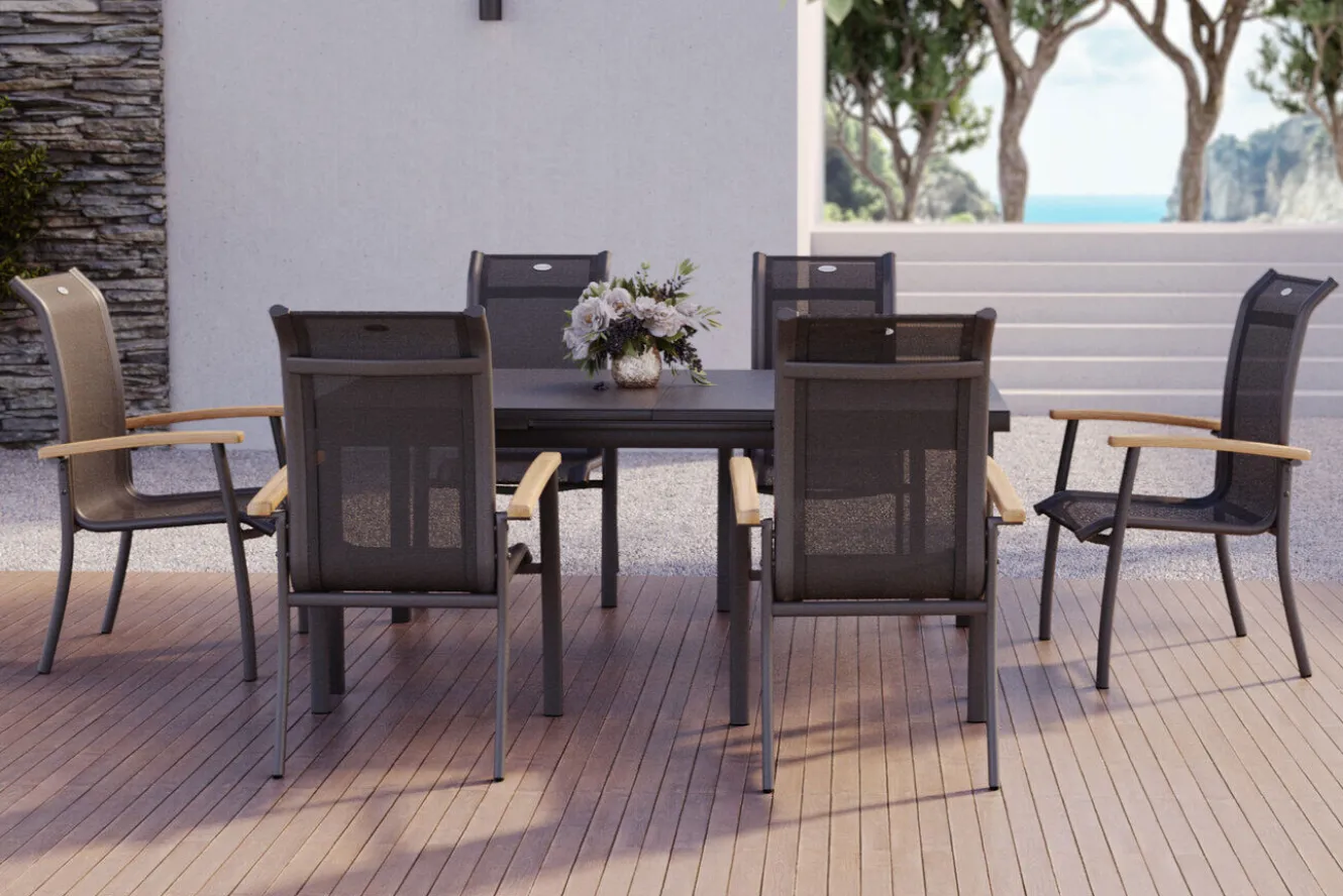 HARTMAN Alice Garten-Essgruppe, xerix, Alu/4x4 Textilen, Tisch 180/240x100cm, 6 Stapelsessel