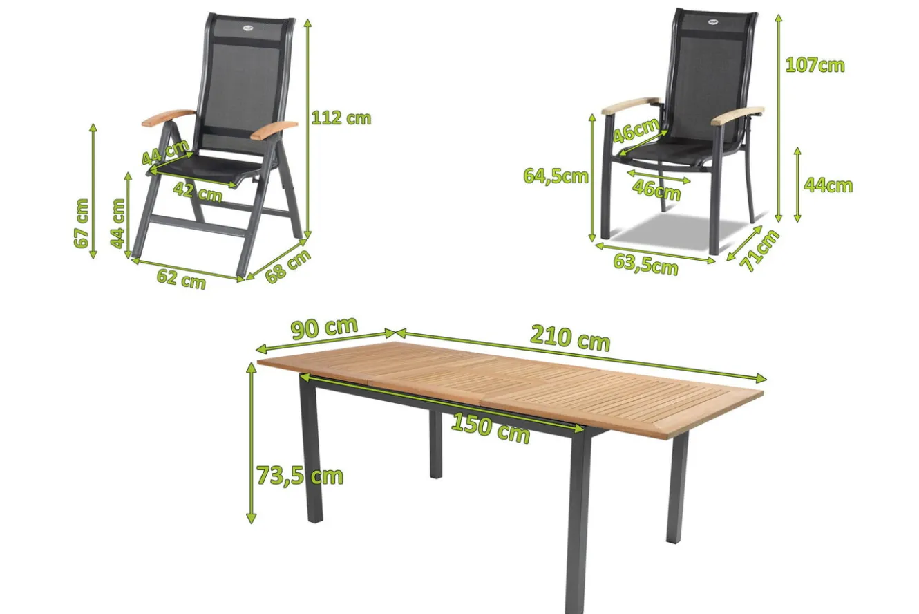 HARTMAN Alice Garten-Essgruppe, xerix/natur, Alu/Teak, 4x4 Textilen, 4 Klappstühle, 2 Stapelsessel, inkl. Ausziehtisch, 150/210x90cm