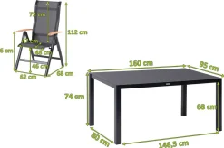 HARTMAN Alice Garten-Essgruppe, xerix/anthrazit, Alu/Spraystone/Teak/2x2 Textilen, 160x95 cm, 4 Klappstühle, Teak Armlehnen