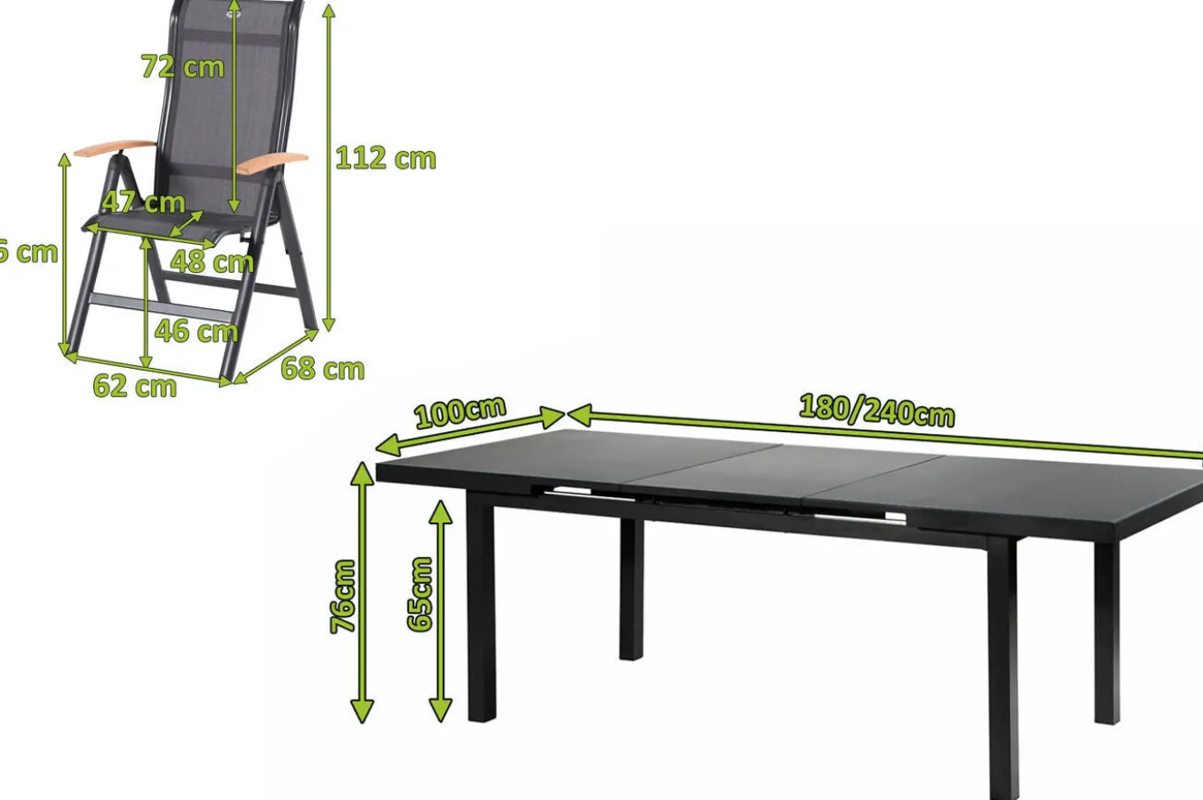 HARTMAN Alice Garten-Essgruppe, xerix/anthrazit, Alu/Sicherheitsglas/2x2 Textilen, 180/240x100 cm, 8 Klappstühle, ausziehbar