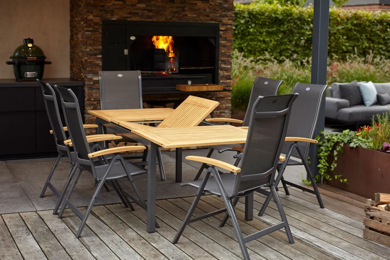 HARTMAN Alice/South Wales Garten-Essgruppe, xerix/natur, Alu/Teak/2x2 Textilen, 150/210x90 cm, 6 Klappstühle