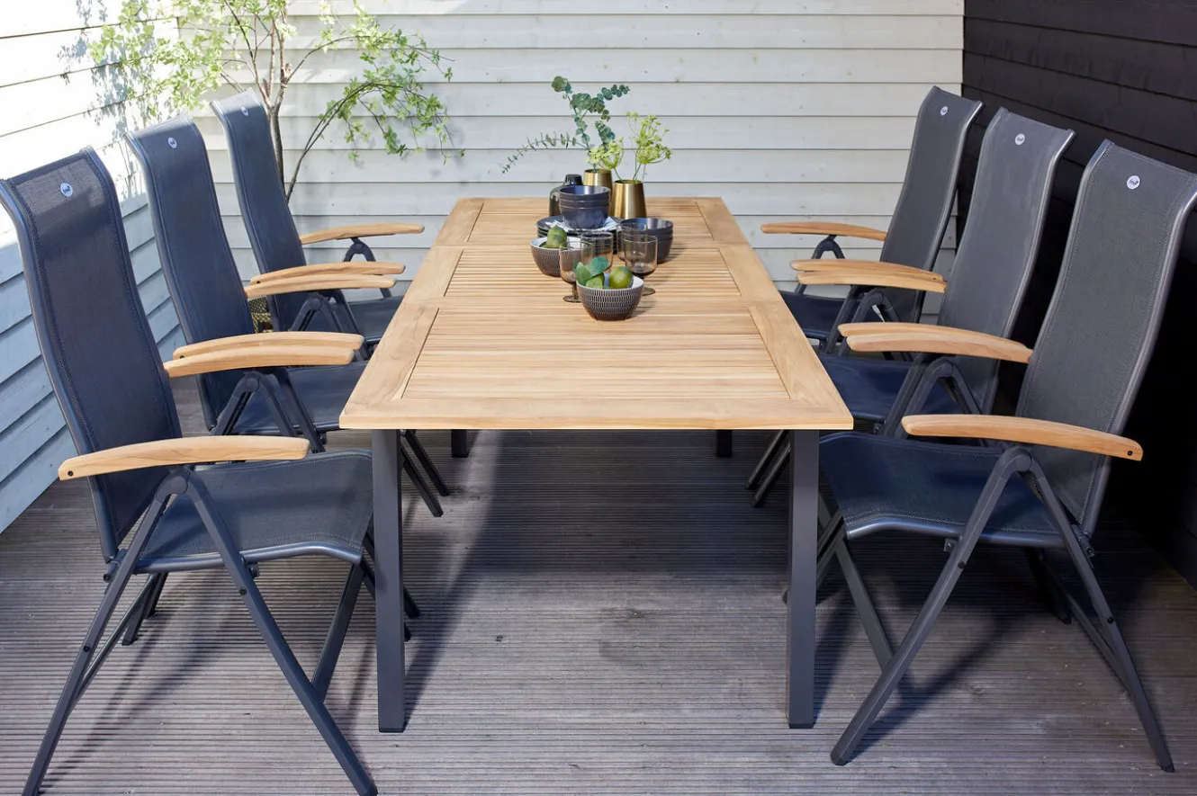 HARTMAN Alice/South Wales Garten-Essgruppe, xerix/natur, Alu/Teak/2x2 Textilen, 150/210x90 cm, 6 Klappstühle