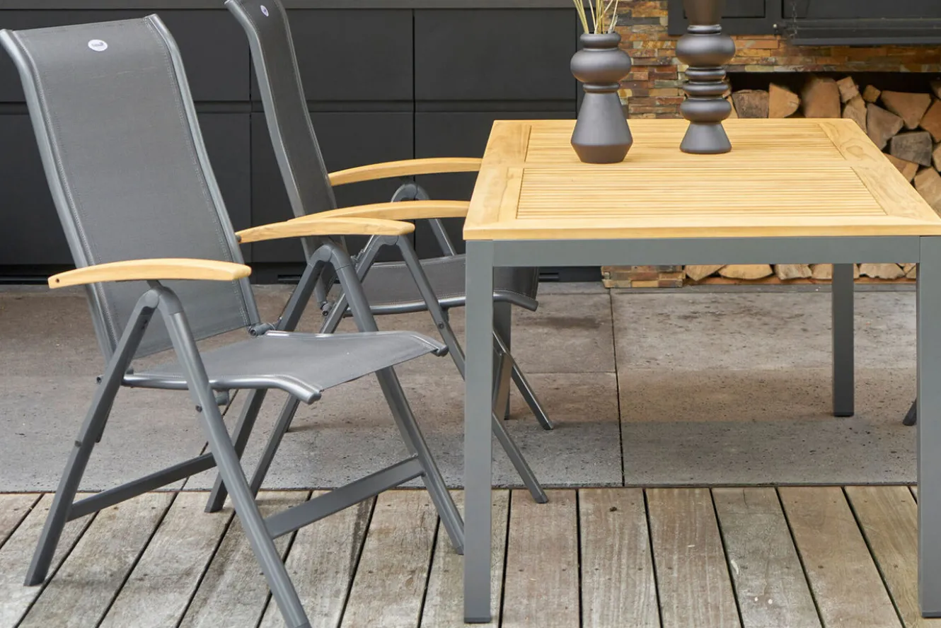 HARTMAN Alice/South Wales Garten-Essgruppe, xerix/natur, Alu/Teak/2x2 Textilen, 150/210x90 cm, 6 Klappstühle