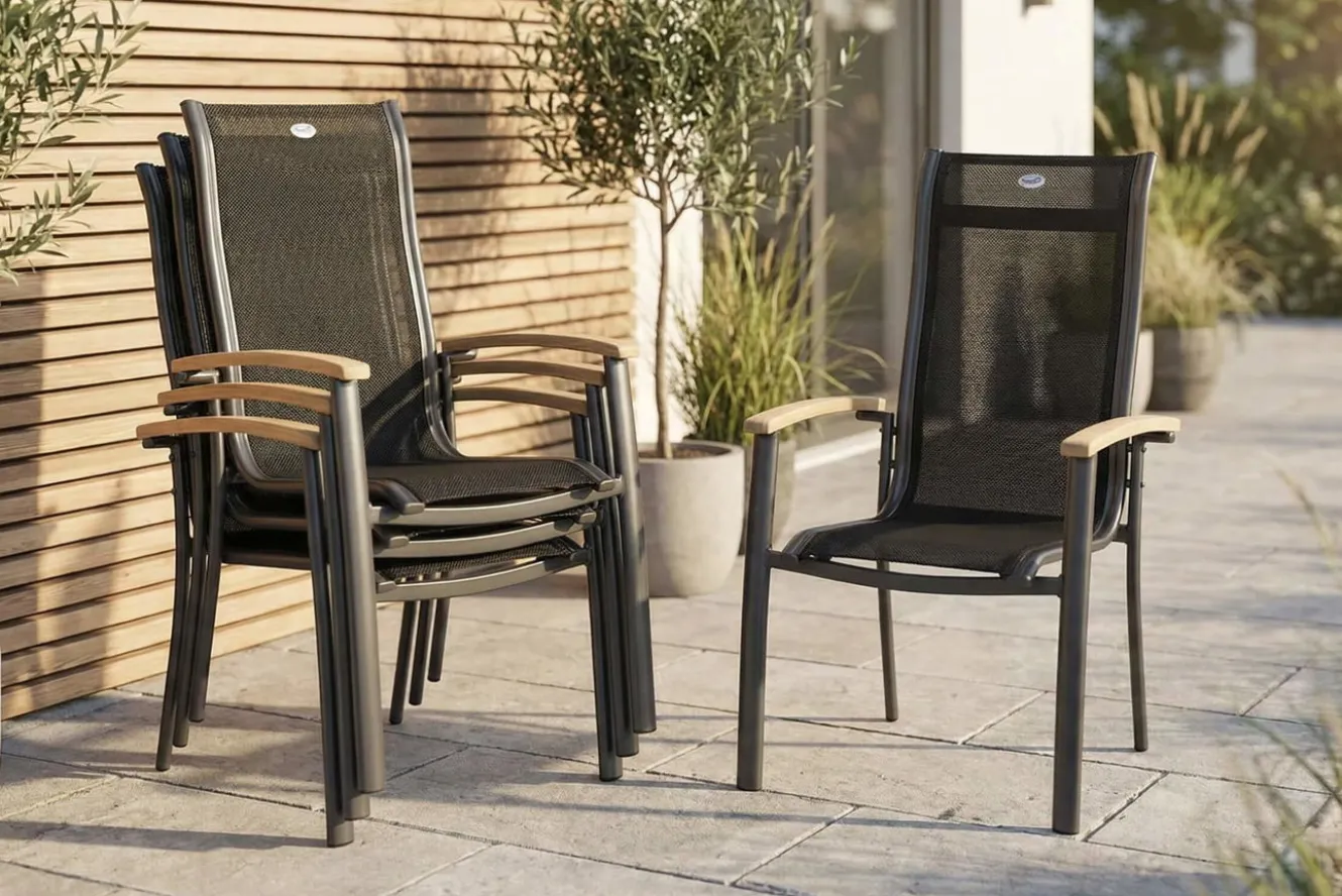 HARTMAN Alice Stapelsessel 4er-Set, xerix/schwarz, Alu/4x4 Textilen, mit Teak-Armlehnen