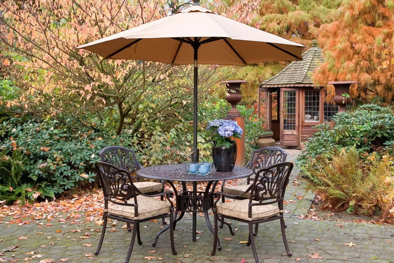 HARTMAN Amalfi Garten-Essgruppe, bronze, Alu-Guss, Ø120cm, 4 Sessel inkl. Wendekissen
