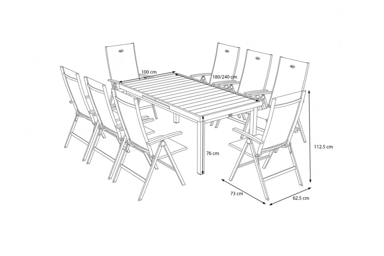 HARTMAN Aruba Garten-Essgruppe, xerix, Alu/Textilene, Tisch 180/240x100cm, 8 Klappstühle