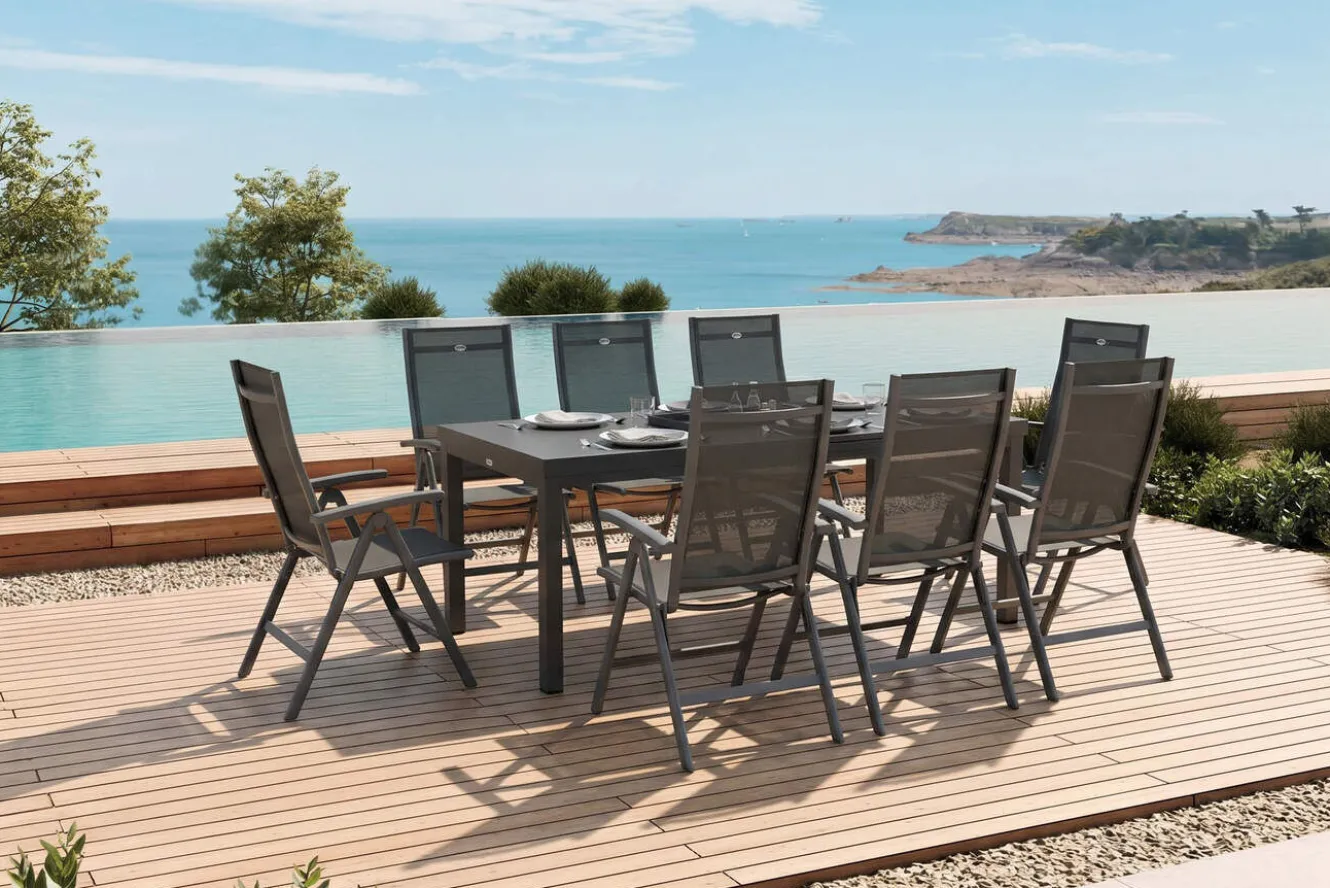 HARTMAN Aruba Garten-Essgruppe, xerix, Alu/Textilene, Tisch 180/240x100cm, 8 Klappstühle