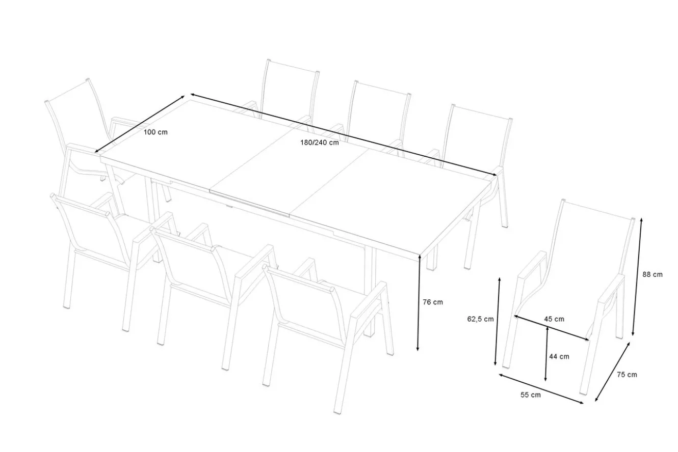 Hartman Aruba Garten-Essgruppe, 8 Personen, ausziehbarer Tisch 180–240 cm, Aluminium/Teak FSC®-zertifiziert