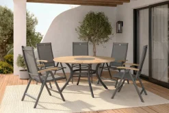 HARTMAN Aruba/Provence Garten-Essgruppe, xerix/natur, Alu/Textilene/Teak, Ø150 cm, 5 Klappstühle, Eisbox
