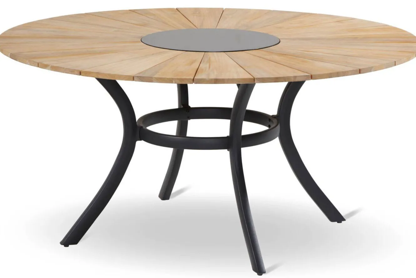HARTMAN Aruba/Provence Garten-Essgruppe, xerix/natur, Alu/Textilene/Teak, Ø150 cm, 5 Klappstühle, Eisbox