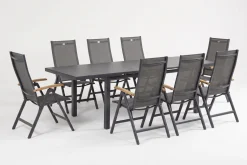 HARTMAN Aruba Teak Garten-Essgruppe, xerix, Alu/Textilene, Tisch 180/240x100cm, 8 Klappstühle