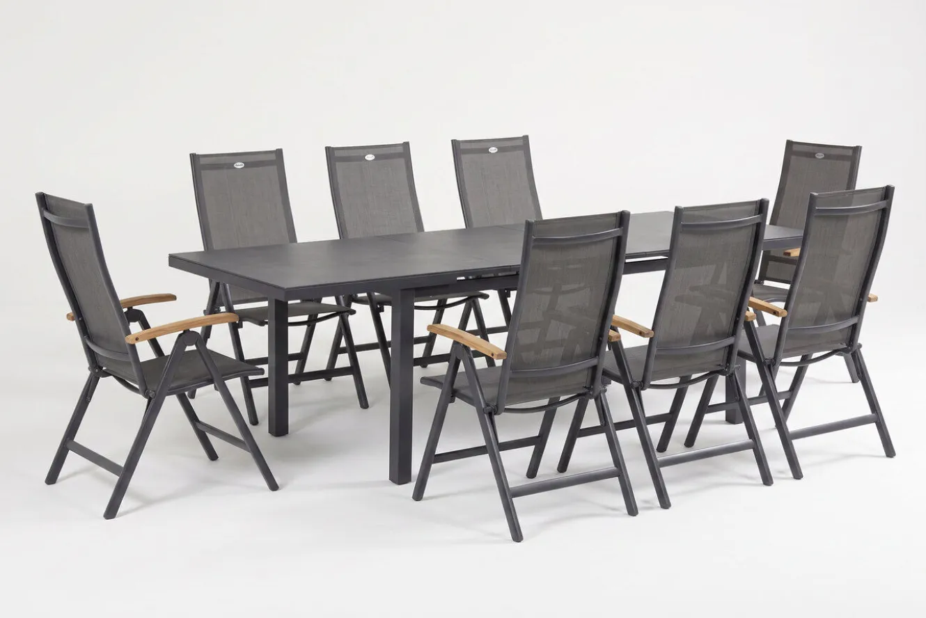 HARTMAN Aruba Teak Garten-Essgruppe, xerix, Alu/Textilene, Tisch 180/240x100cm, 8 Klappstühle