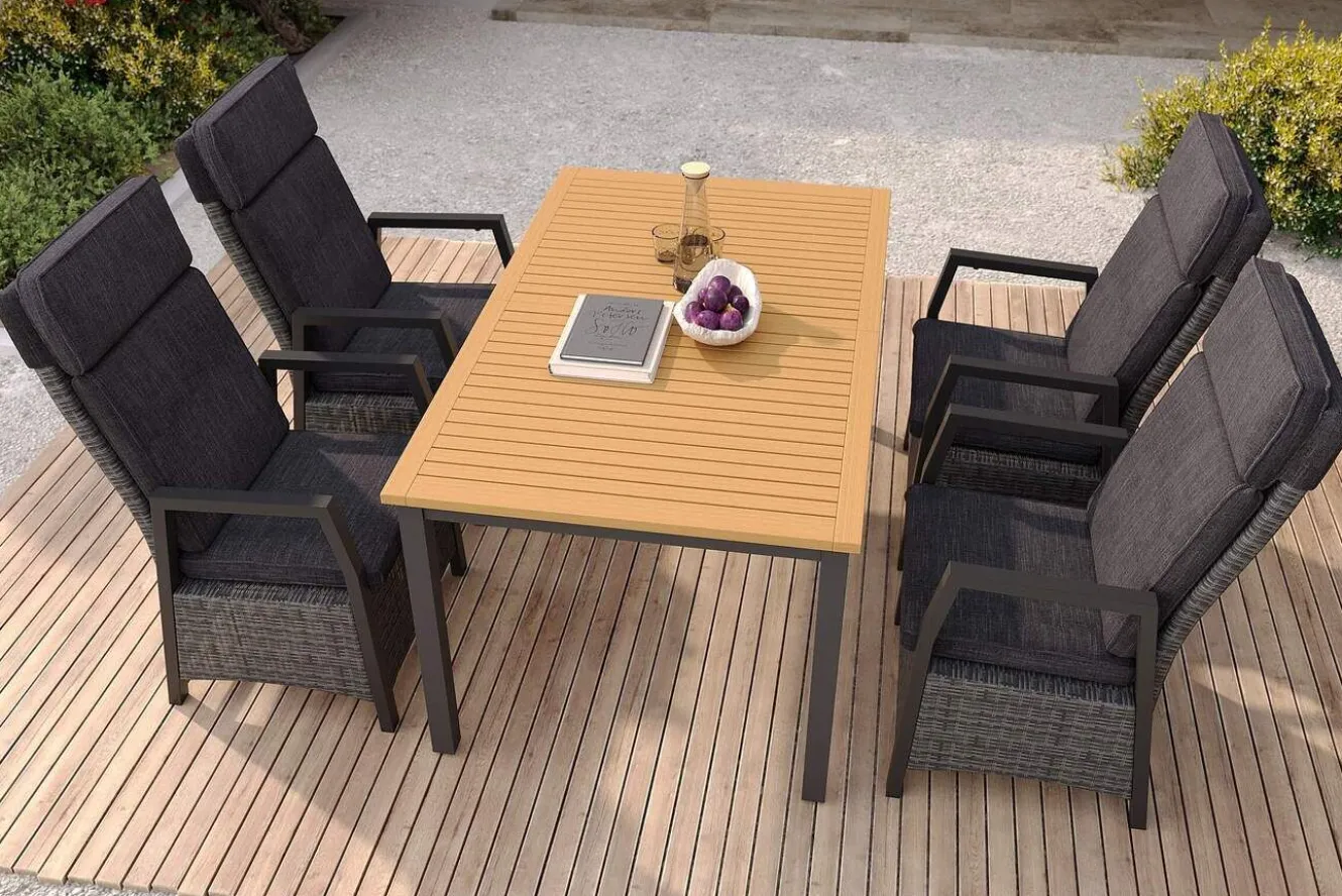 HARTMAN Nova Garten-Essgruppe mit 4 Sesseln, anthrazit/grau, Alu/Polyrattan/Teak, 150/210 x 90 cm, ausziehbarer Tisch, verstellbare Rückenlehne