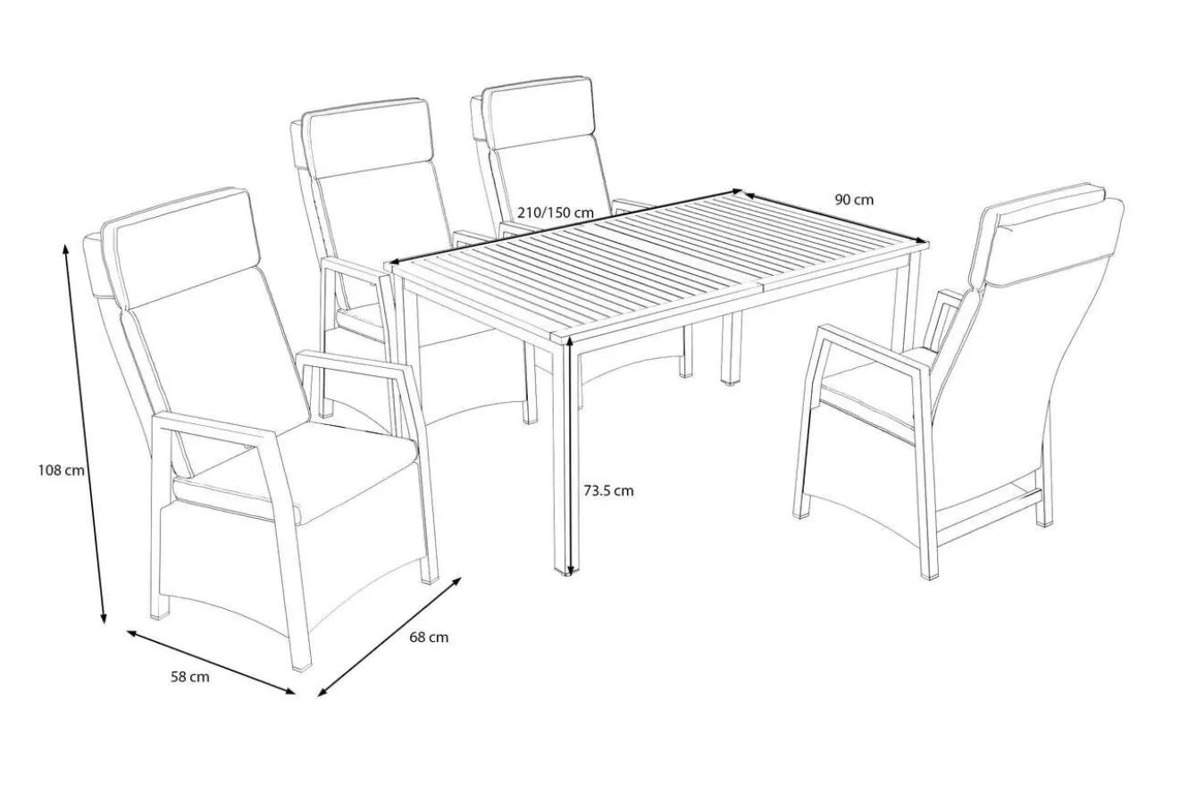 HARTMAN Nova Garten-Essgruppe mit 4 Sesseln, anthrazit/grau, Alu/Polyrattan/Teak, 150/210 x 90 cm, ausziehbarer Tisch, verstellbare Rückenlehne