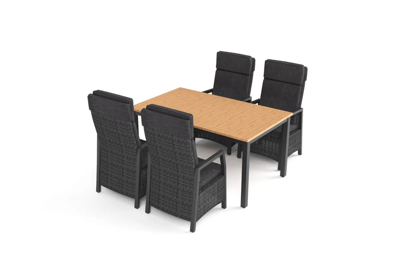 HARTMAN Nova Garten-Essgruppe mit 4 Sesseln, anthrazit/grau, Alu/Polyrattan/Teak, 150/210 x 90 cm, ausziehbarer Tisch, verstellbare Rückenlehne