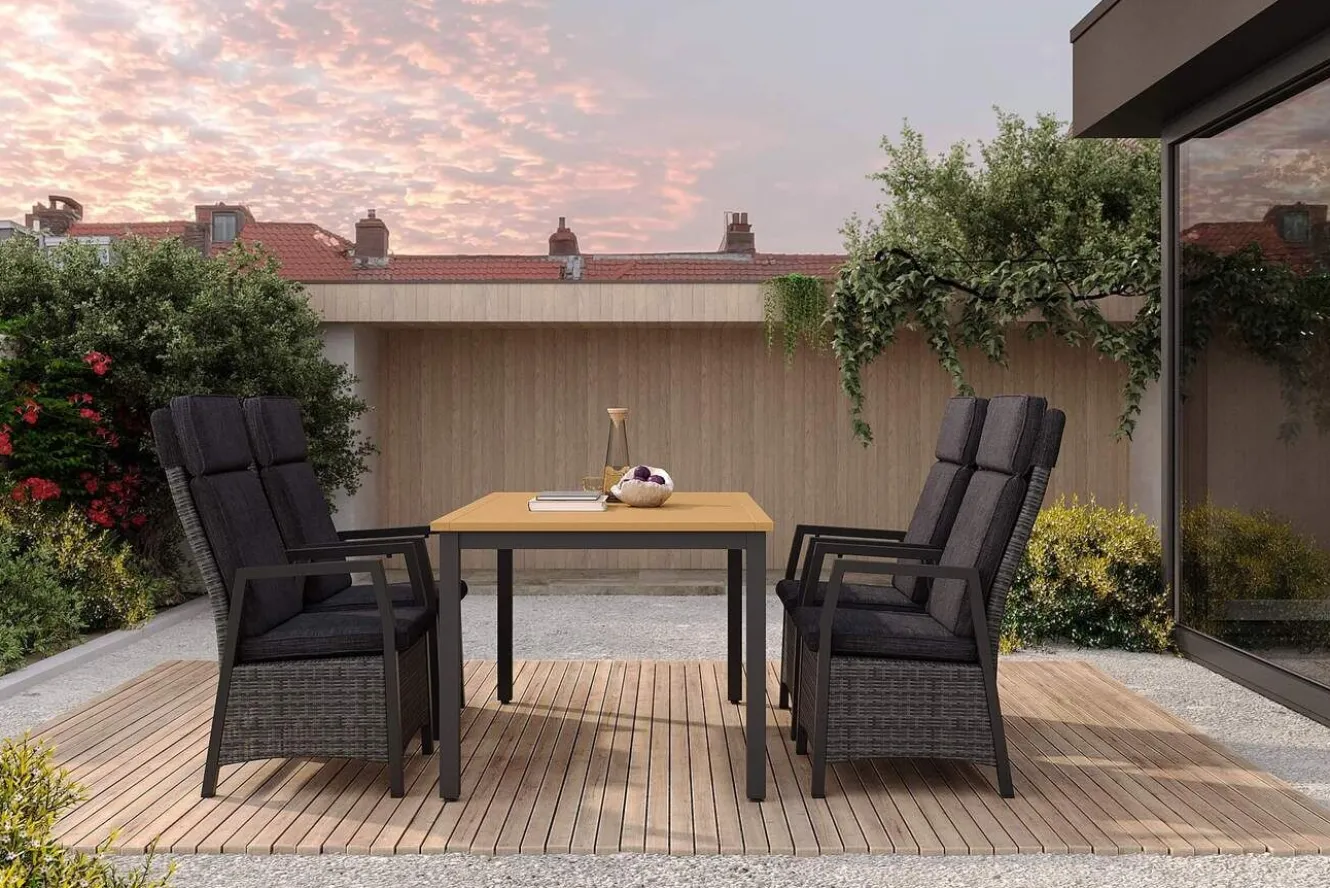 HARTMAN Nova Garten-Essgruppe mit 4 Sesseln, anthrazit/grau, Alu/Polyrattan/Teak, 150/210 x 90 cm, ausziehbarer Tisch, verstellbare Rückenlehne