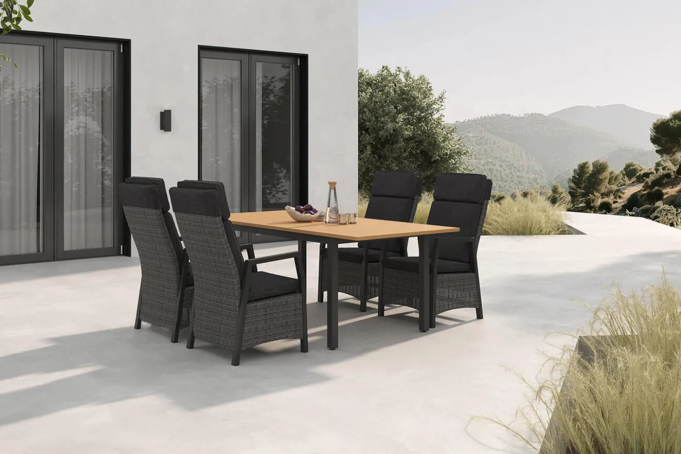 HARTMAN Nova Garten-Essgruppe mit 4 Sesseln, anthrazit/grau, Alu/Polyrattan/Teak, 150/210 x 90 cm, ausziehbarer Tisch, verstellbare Rückenlehne