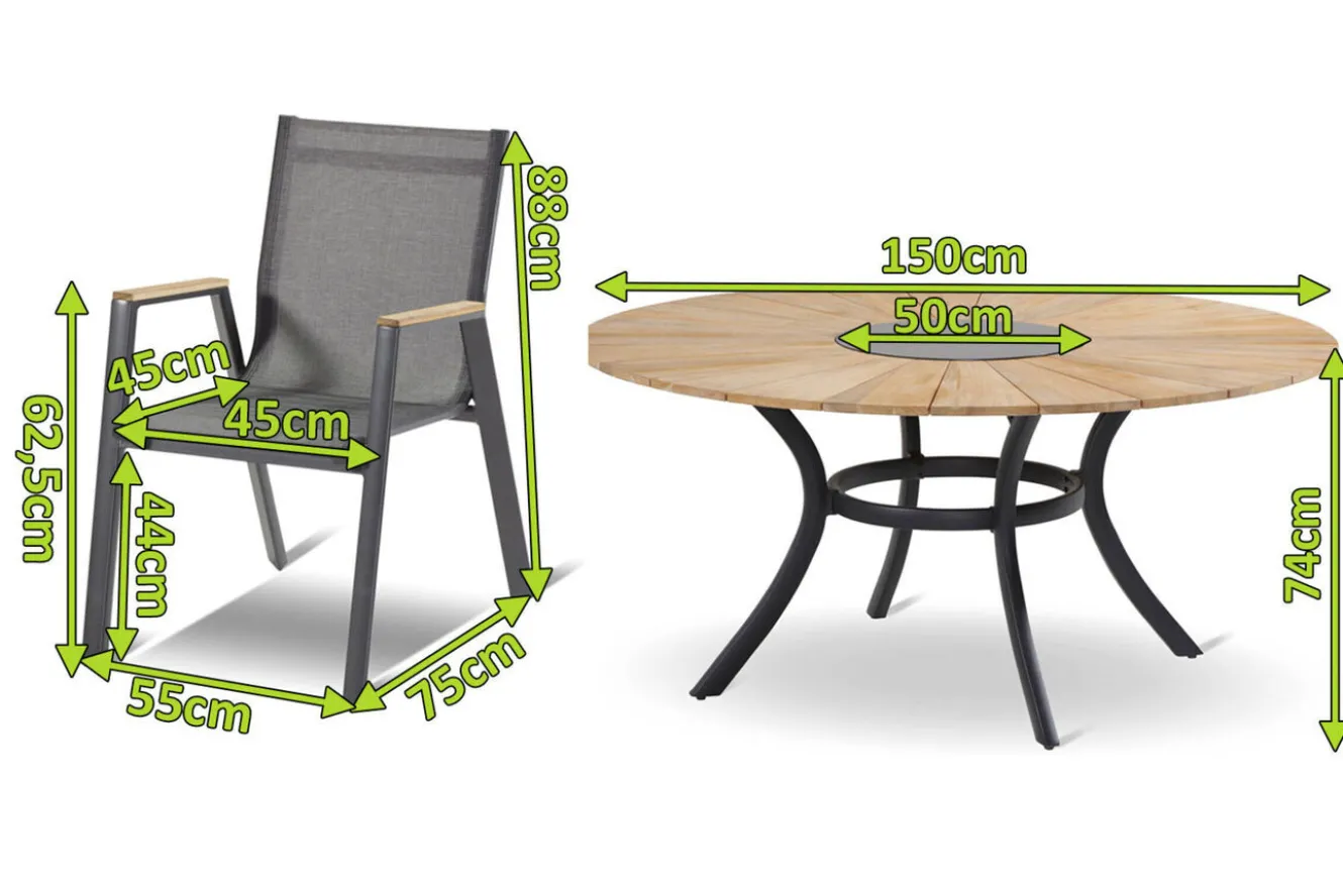 HARTMAN Provence / Aruba Garten-Essgruppe, xerix/anthrazit, Alu/Teakholz, 5 Stapelsessel, Ø150cm, inkl. Eiskühler