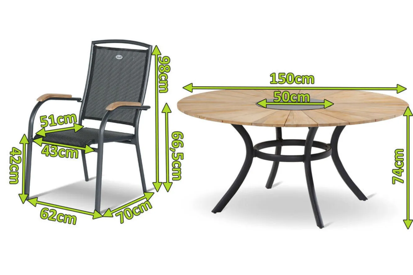 HARTMAN Provence / Raffaelo Garten-Essgruppe, xerix/anthrazit, Alu/Teakholz, 5 Stapelsessel, Ø150cm, inkl. Eiskühler