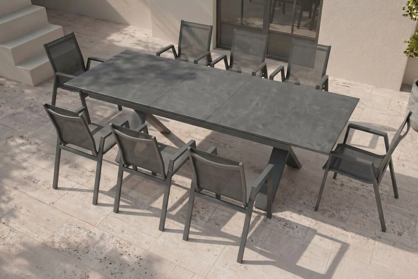 HARTMAN Sondermodell Xanadu / Aruba Garten-Essgruppe, xerix/anthrazit, Alu/Glaskeramik, 8 Stapelsessel, 220/280x100cm