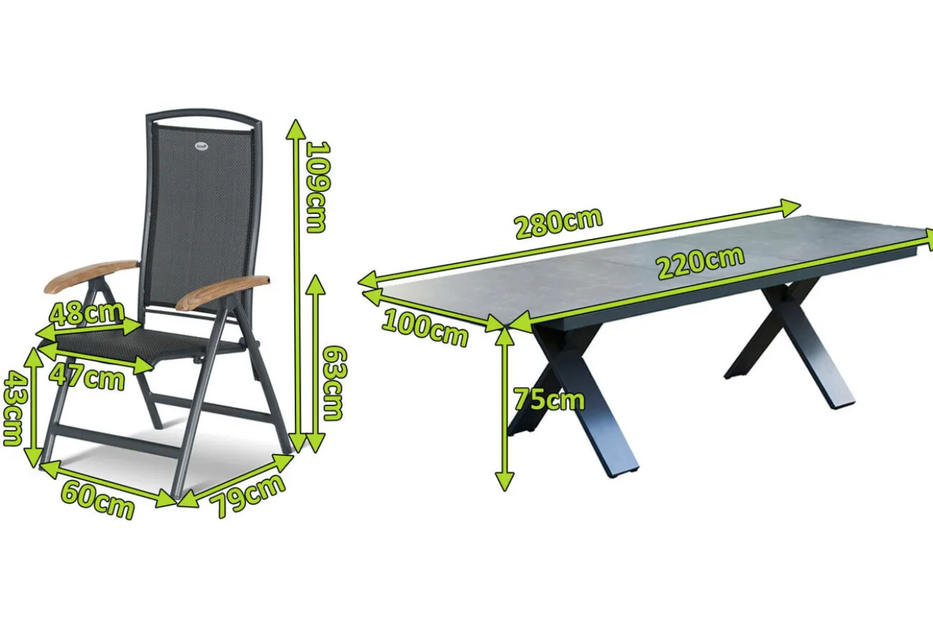 HARTMAN Sondermodell Xanadu / Raffaelo Garten-Essgruppe, xerix/anthrazit, Alu/Glaskeramik, 6 Klappstühle, 220/280x100cm