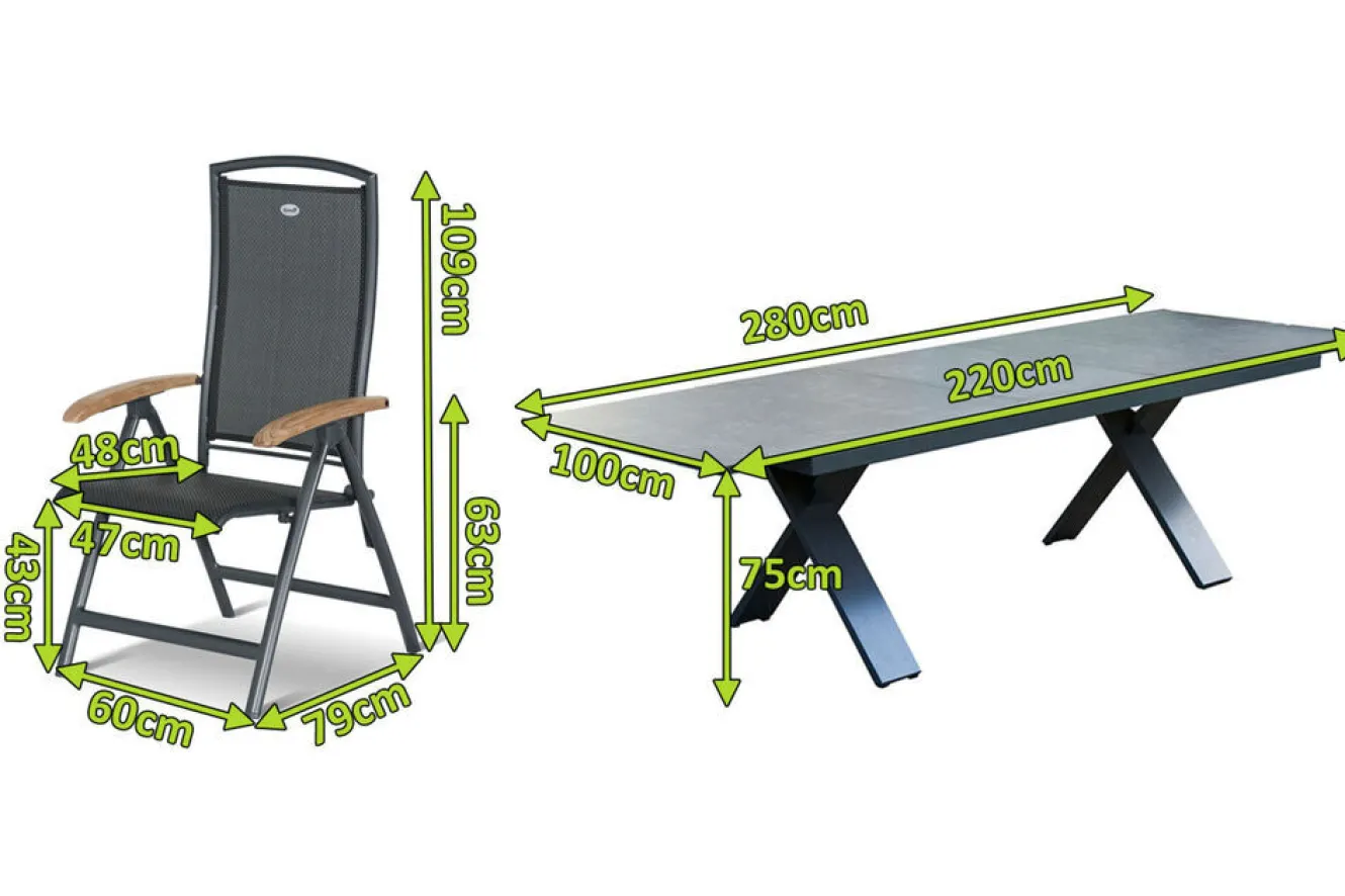 HARTMAN Sondermodell Xanadu / Raffaelo Garten-Essgruppe, xerix/anthrazit, Alu/Glaskeramik, 6 Klappstühle, 220/280x100cm