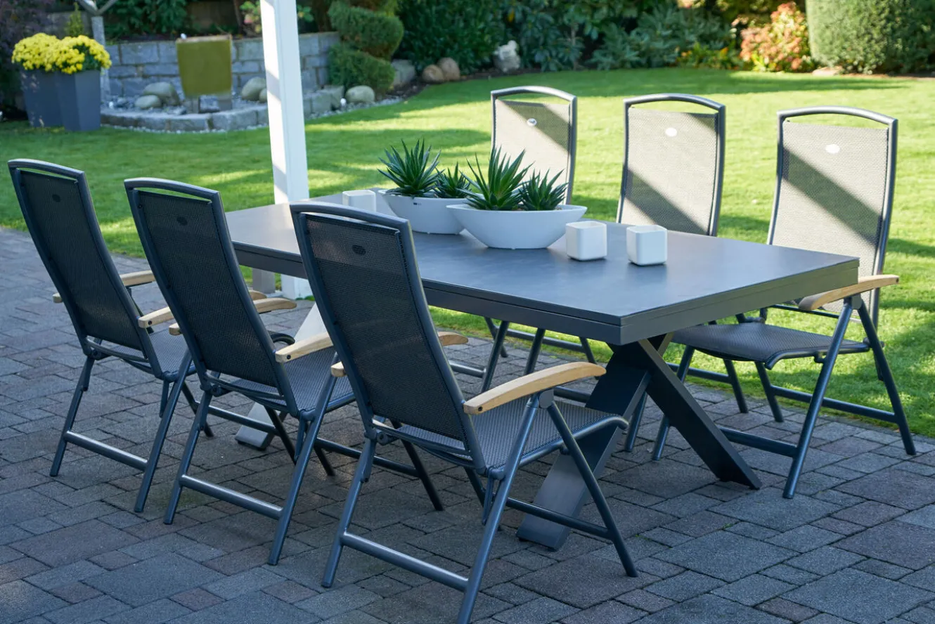 HARTMAN Sondermodell Xanadu / Raffaelo Garten-Essgruppe, xerix/anthrazit, Alu/Glaskeramik, 6 Klappstühle, 220/280x100cm