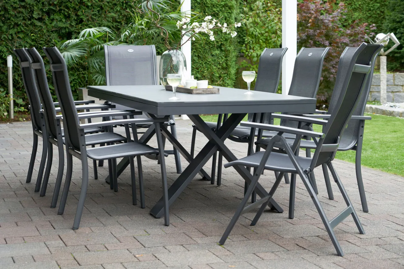 HARTMAN Sondermodell Xanadu / Alice Comfort Garten-Essgruppe, xerix/anthrazit, Alu/Glaskeramik, 6 Stapelsessel, 2 Klappstühle, 220/280x100cm