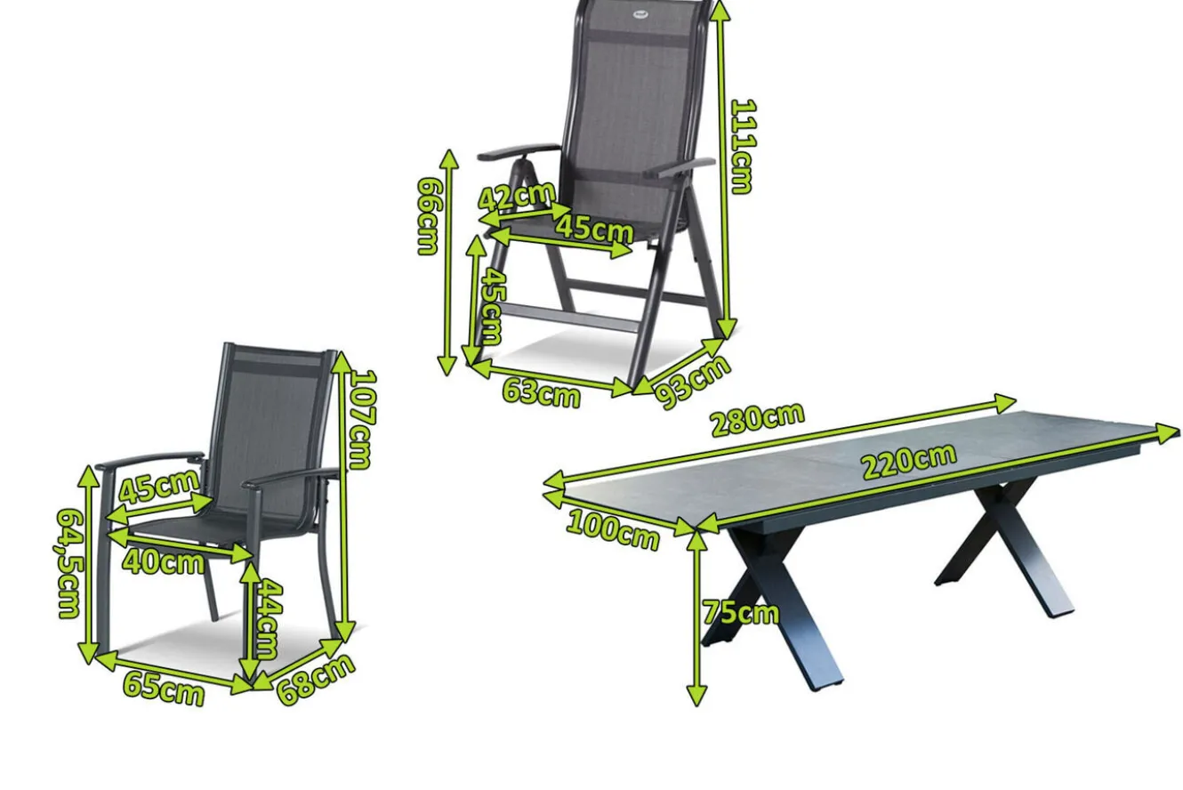 HARTMAN Sondermodell Xanadu / Alice Comfort Garten-Essgruppe, xerix/anthrazit, Alu/Glaskeramik, 6 Stapelsessel, 2 Klappstühle, 220/280x100cm