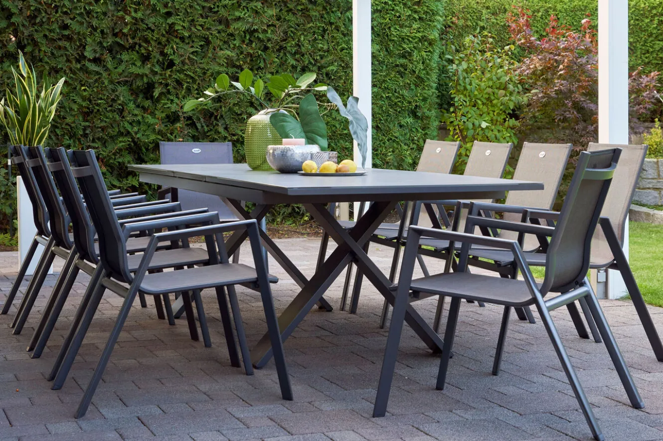 HARTMAN Sondermodell Xanadu / Aruba Garten-Essgruppe, xerix/anthrazit, Alu/Glaskeramik, 10 Stapelsessel, 220/280x100cm