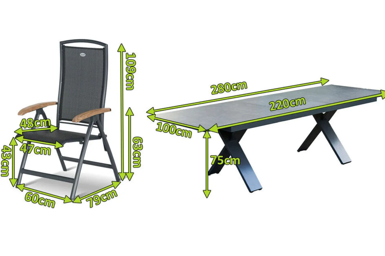 HARTMAN Sondermodell Xanadu / Raffaelo Garten-Essgruppe, xerix/anthrazit, Alu/Glaskeramik, 8 Klappstühle, 220/280x100cm